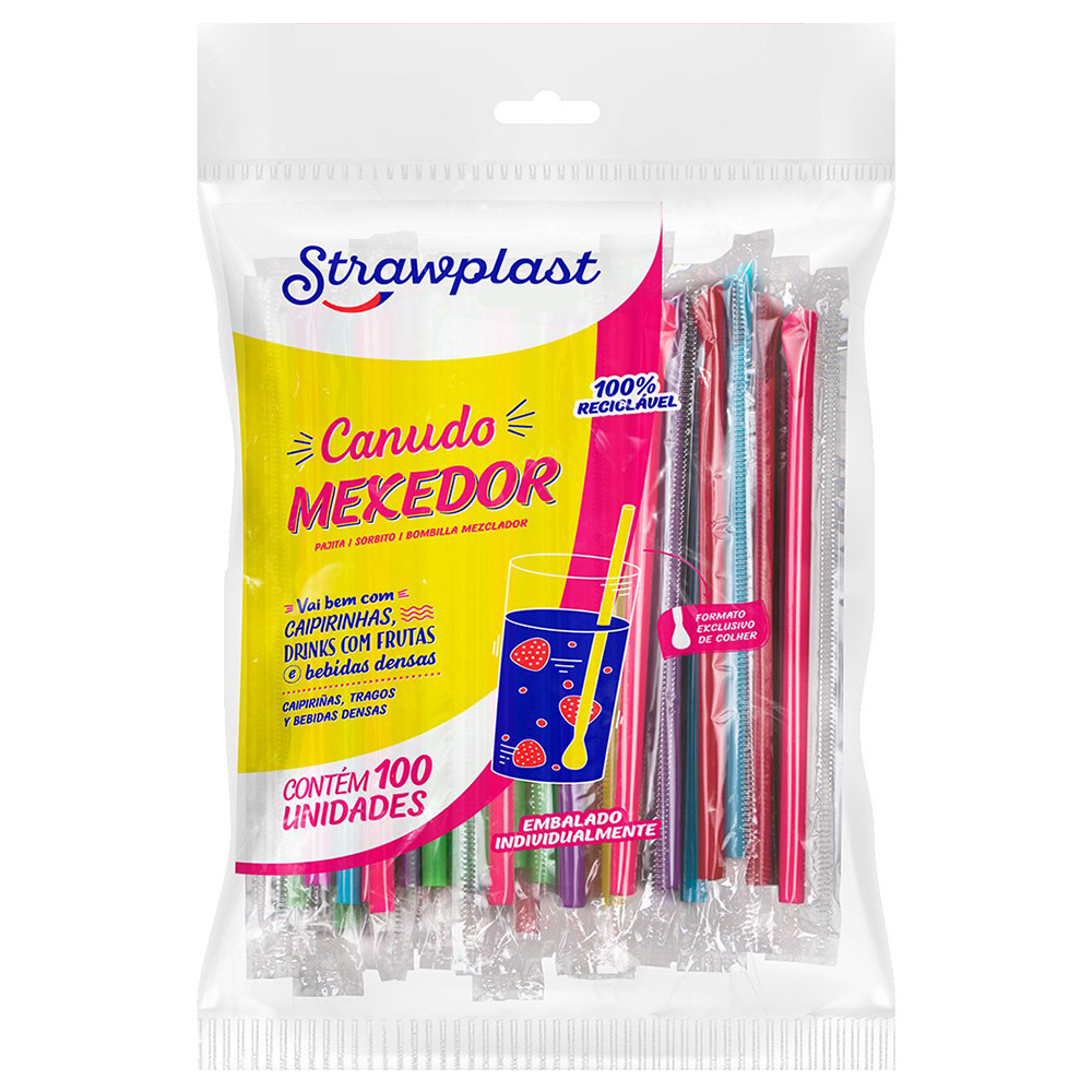 Canudo Colher Mexedor 6mm Sachê Individual Colorido 100 unidades