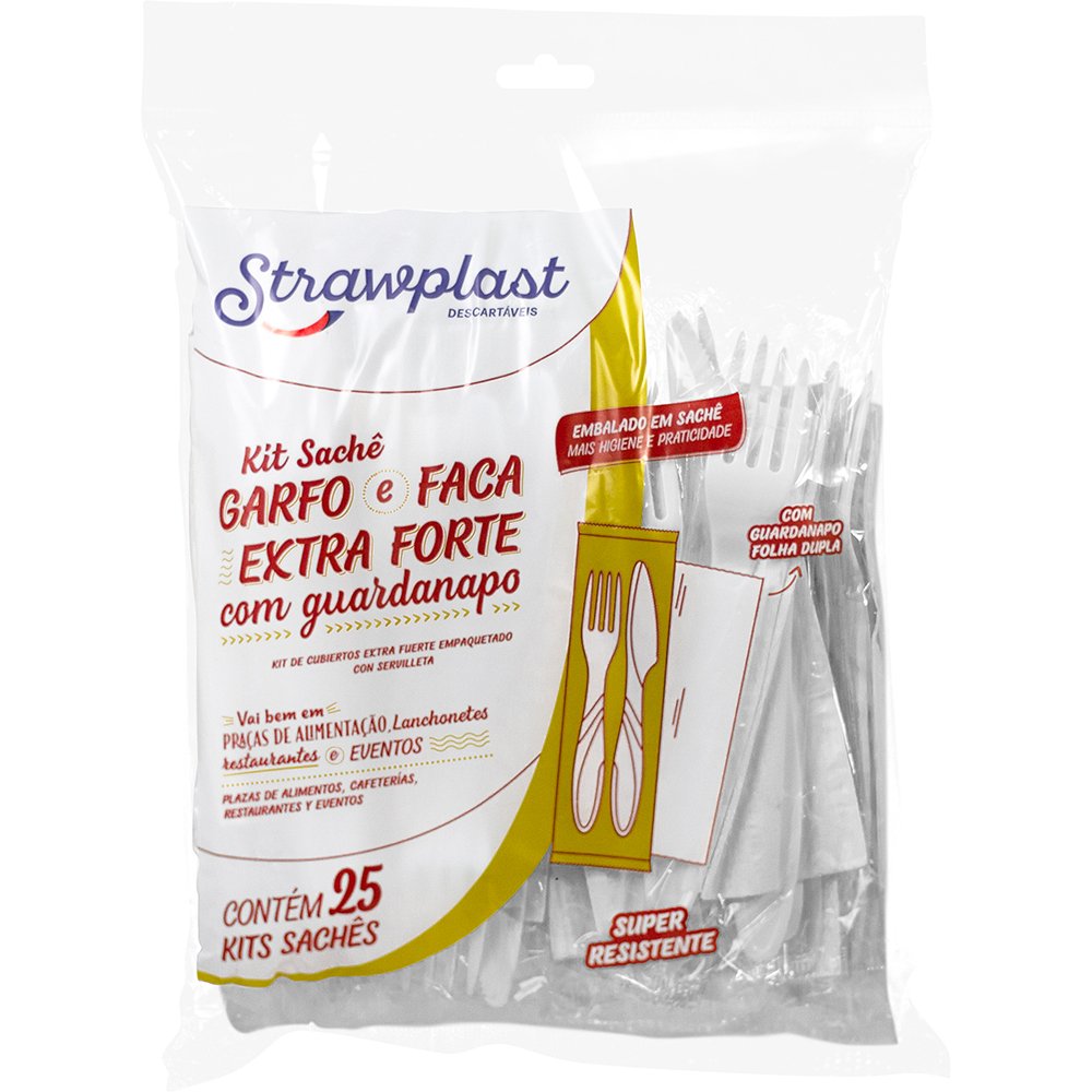 Kit Sachê Garfo e Faca Forte com Guardanapo - Strawplast