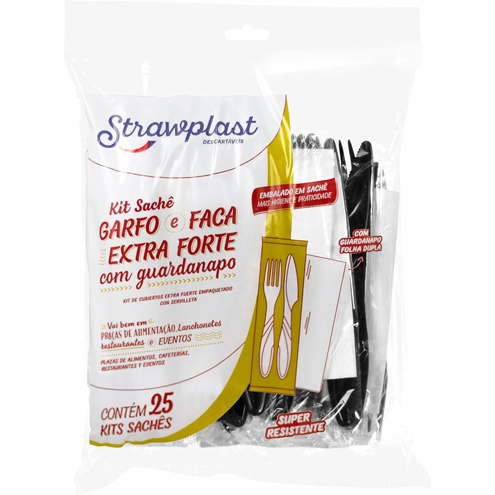 Kit Sachê Garfo e Faca Churrasco Extra Forte Branco 20 kits - Strawplast