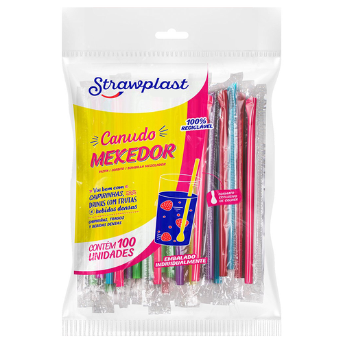 Canudo Colher Mexedor 6mm Sachê Individual Colorido 100 unidades