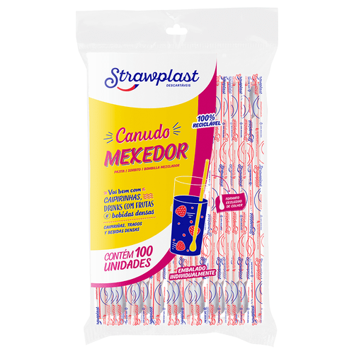 Canudo Colher Mexedor 6mm Sachê Individual Vermelho 100 unidades