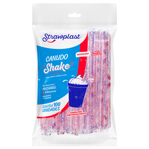 Canudo Shake 8mm Sachê Individual Transparente c/ Listra Vermelha 100 unidades