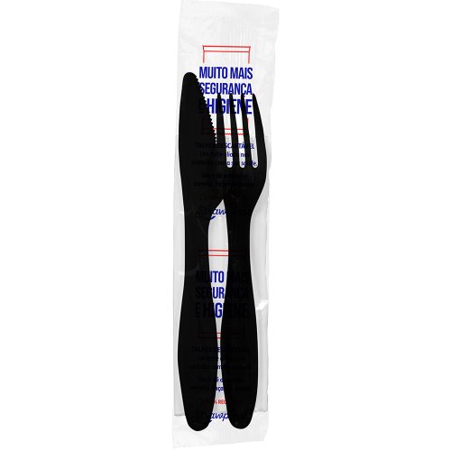Kit Sachê Garfo e Faca Churrasco Extra Forte com Guardanapo Preto 25 kits