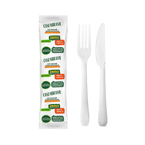 Kit Sachê Garfo e Faca Compostáveis Granel CascaBrasil - 200 un.