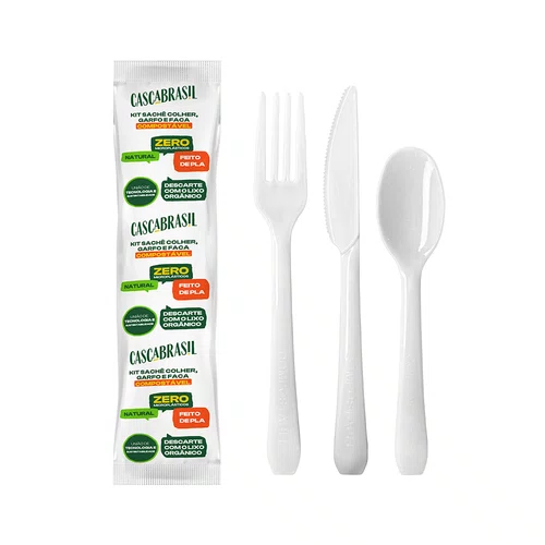 Kit Sachê Garfo, Faca e Colher Compostáveis com Guardanapo Granel