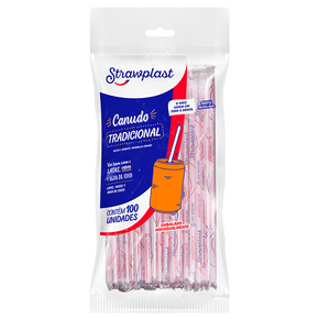 Canudo Tradicional 5mm Sachê Individual Branco c/ Listra Vermelha 100 unidades