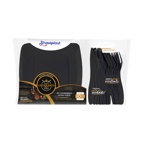 Kit Churrasco Preto 30 unidades (10 Pratos 21cm Quadrado + 10 Garfos Extra Forte + 10 Facas Extra Forte)