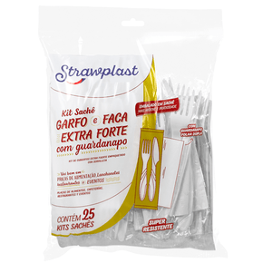 Kit Sachê Garfo e Faca Churrasco Extra Forte com Guardanapo Branco 25 kits