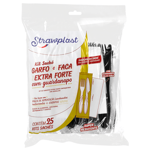 Kit Sachê Garfo e Faca Churrasco Extra Forte com Guardanapo Preto 25 kits