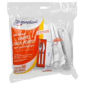 Kit Sachê Garfo e Faca Refeição Forte Reforçado com Guardanapo Branco 50 kits