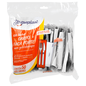 Kit Sachê Garfo e Faca Refeição Forte Reforçado com Guardanapo Preto 50 kits