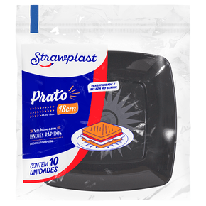 Prato Lanche 18cm Quadrado Preto 10 unidades