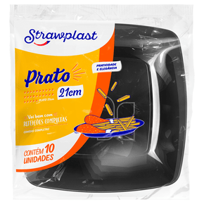 Prato Refeição 21cm Quadrado Preto 10 unidades